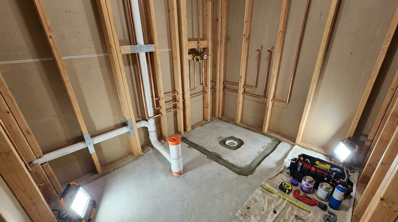 Bathroom rough-in plumbing during remodel by Johns Plumbing LLC in South Yarmouth