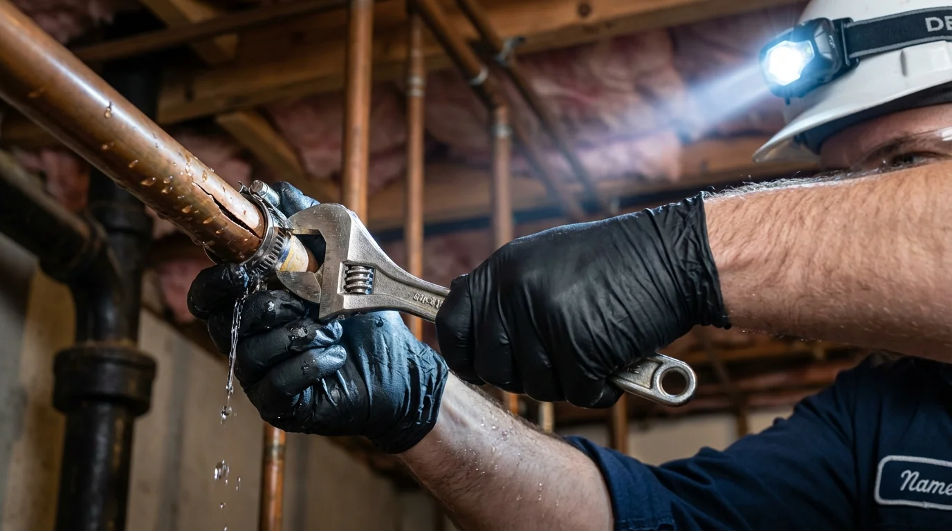 Emergency pipe clamp repair being performed by a Johns Plumbing LLC plumber in South Yarmouth