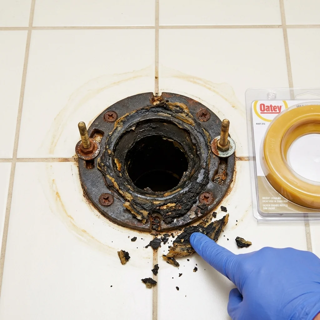 Failed wax ring showing water seepage at the base of a toilet in a South Yarmouth, MA home