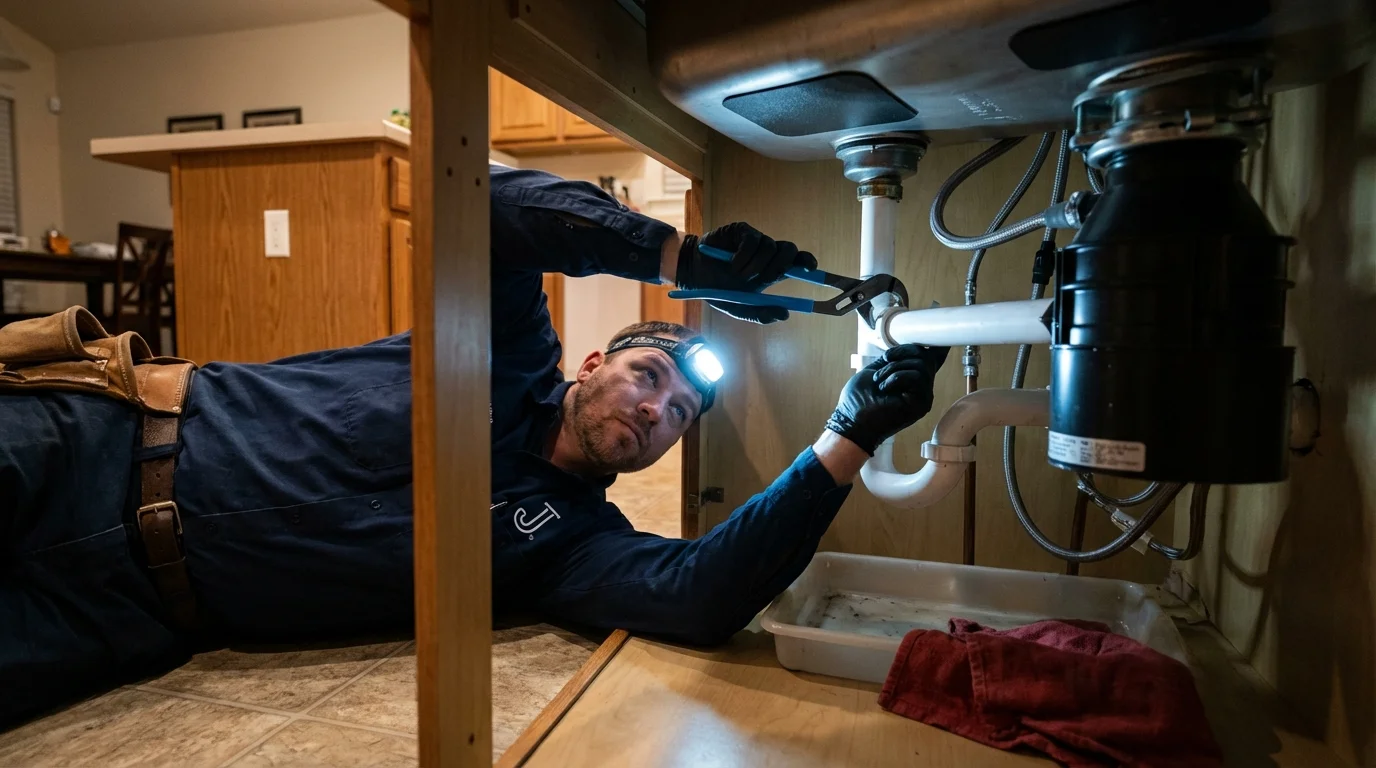 P-trap and supply line connections under a kitchen sink showing a common leak point in South Yarmouth, MA